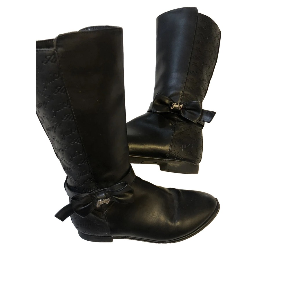 Juicy Couture Young Miss Girl Size 4 Boots Black Zip Up -12" Tall Bow & Logo